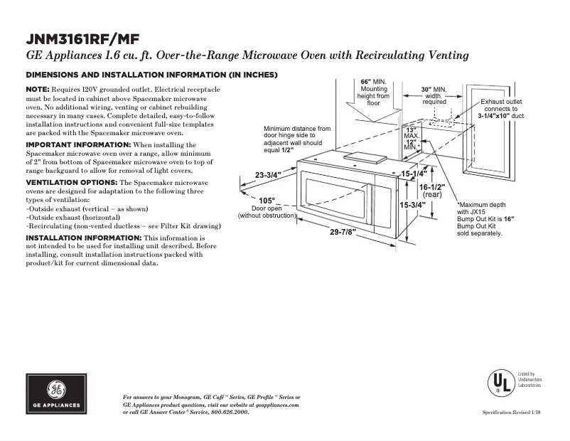 Page 1 of the manual Technical Sheet GE JNM3161RFSS