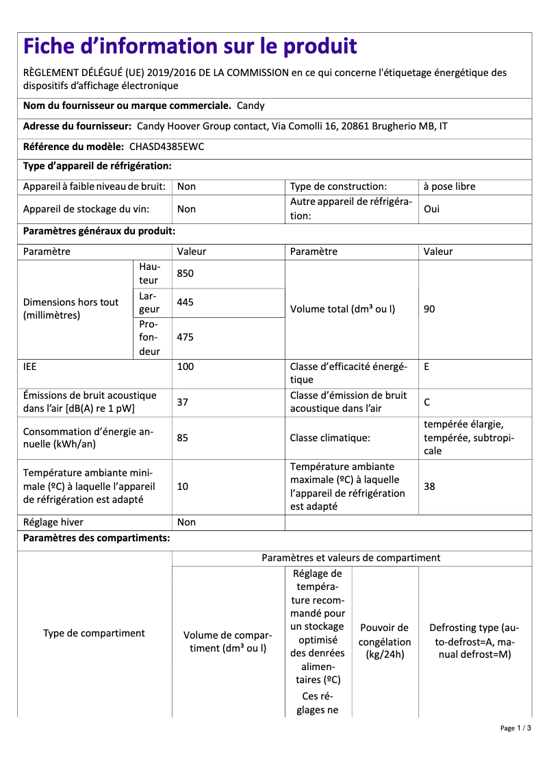 Page n°1 - Fiche technique Candy CHASD4385EWC