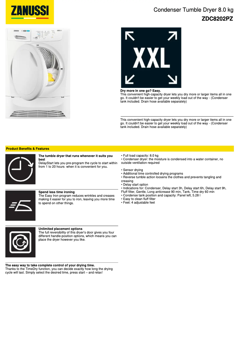 Page n°1 - Fiche technique Zanussi ZDC8202PZ