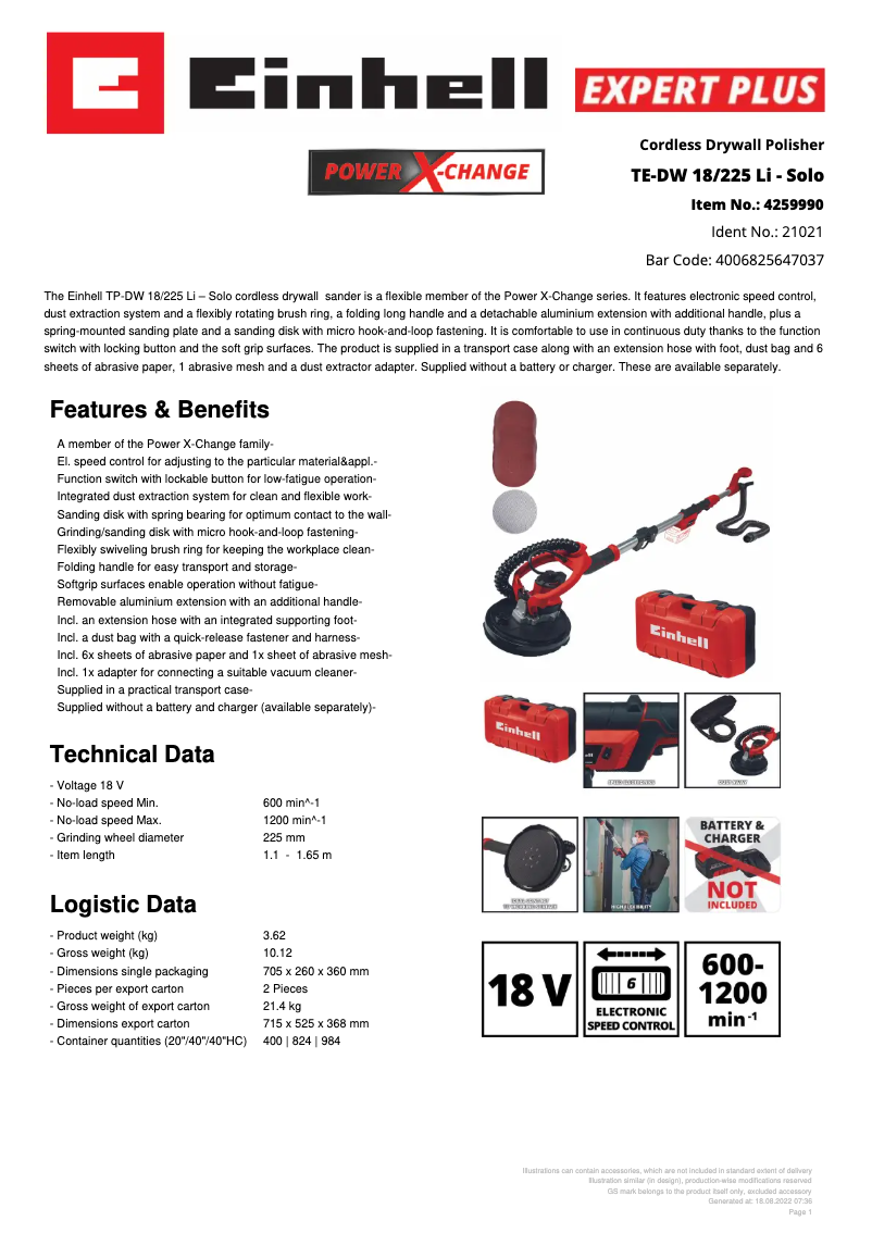Page 1 de la notice Fiche technique Einhell TE-DW 18/225 Li