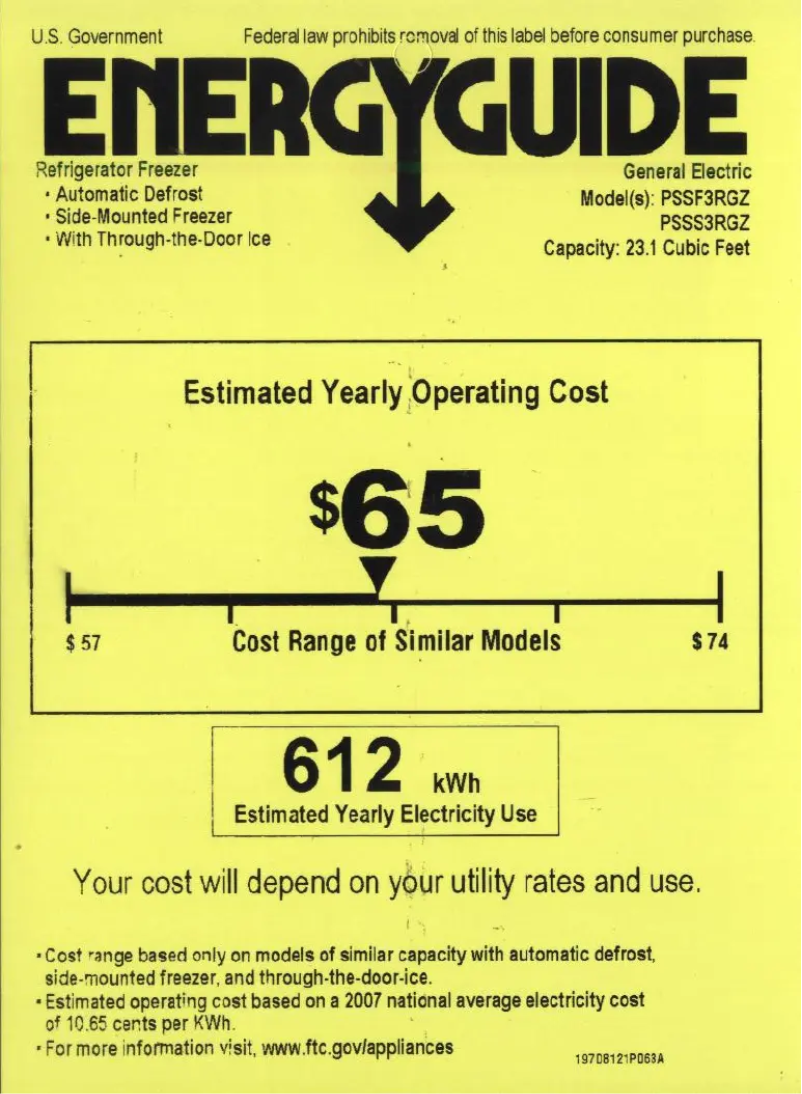 Page 1 de la notice Label énergétique GE Profile PSSF3RGZCC