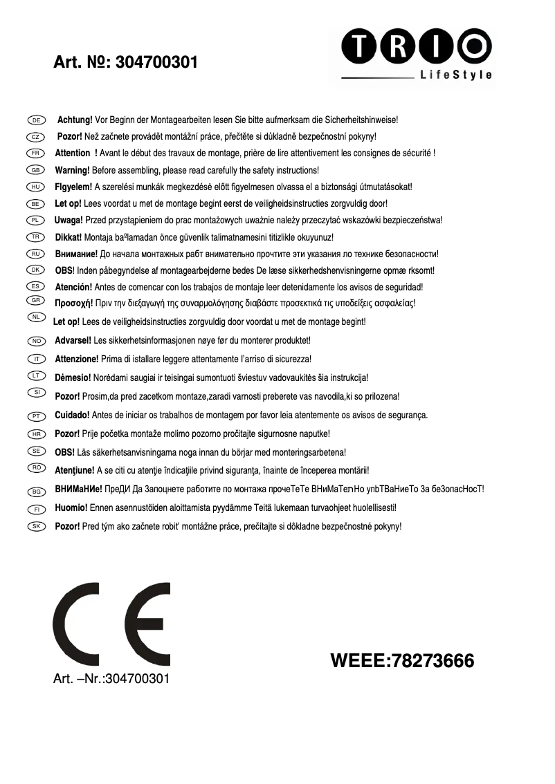 Page 1 de la notice Manuel utilisateur Trio Lighting Toulon 304700301