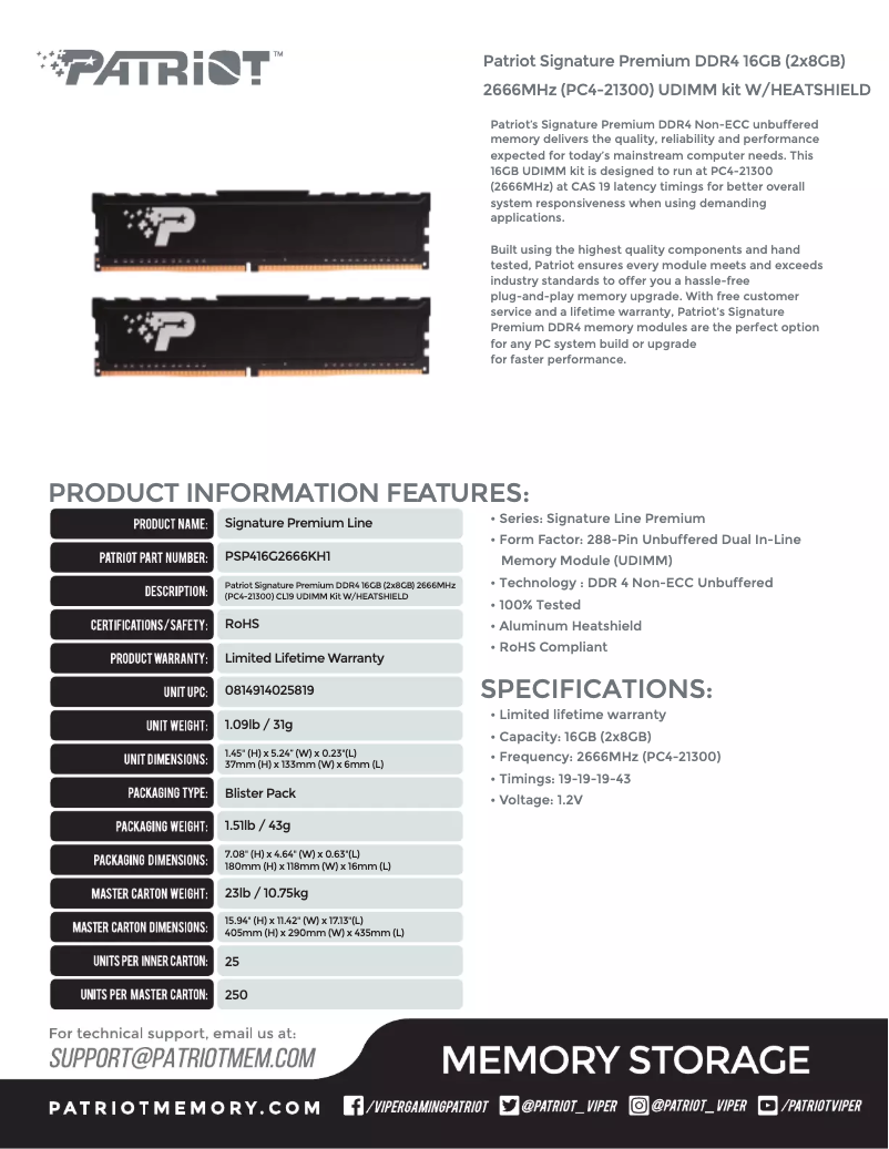 Page 1 de la notice Manuel utilisateur Patriot Signature Premium DDR4