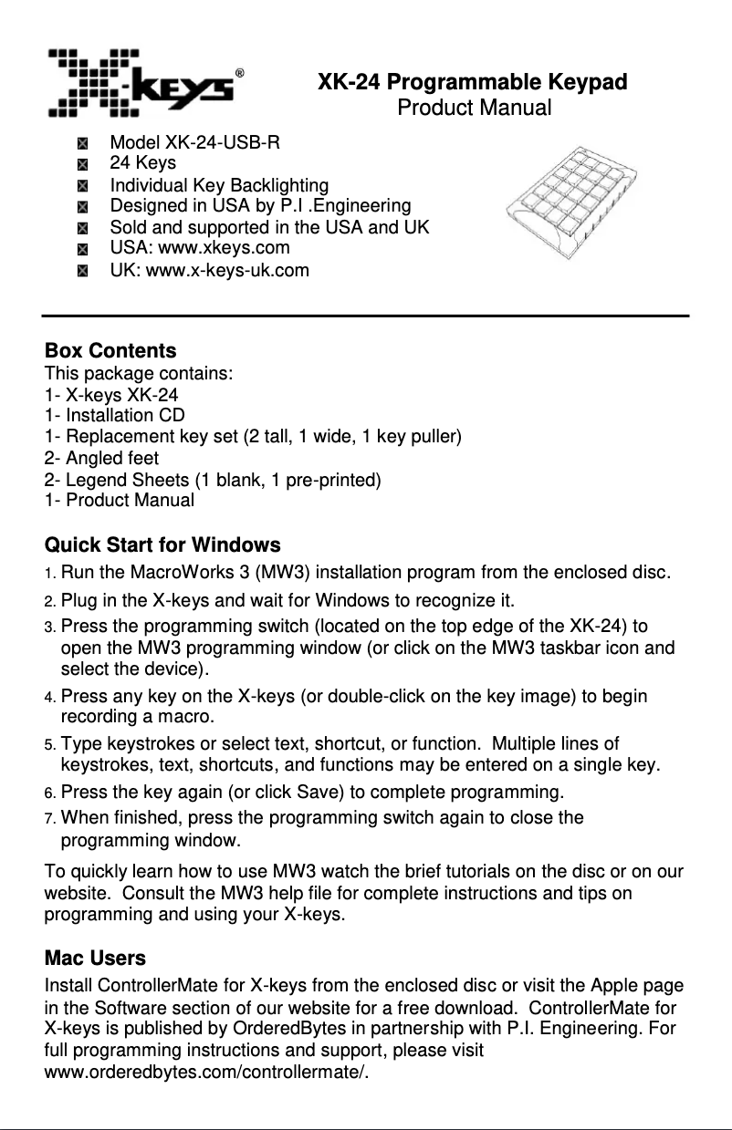 Page n°1 - Manuel utilisateur X-keys XK-24