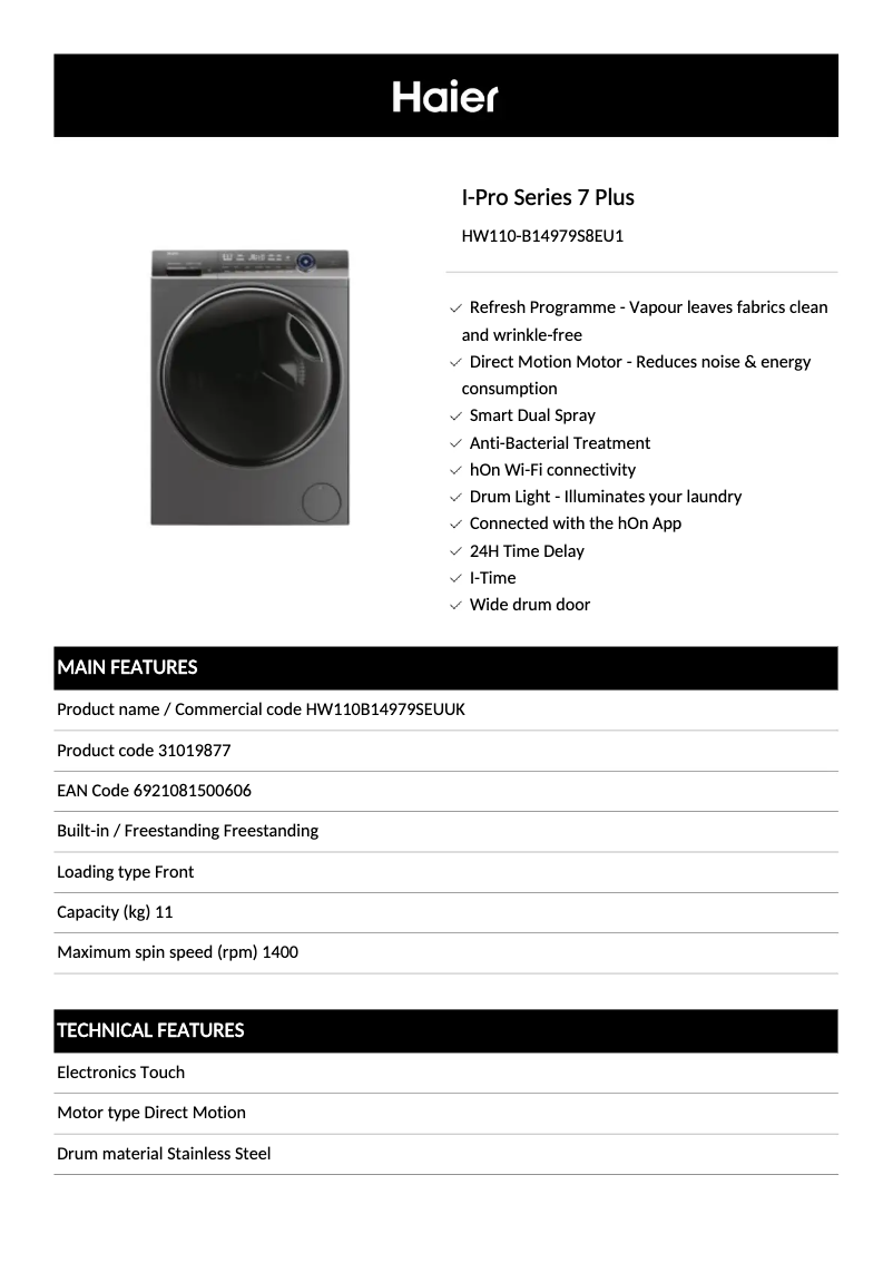 Page 1 de la notice Fiche technique Haier HW110-B14979S8EU1