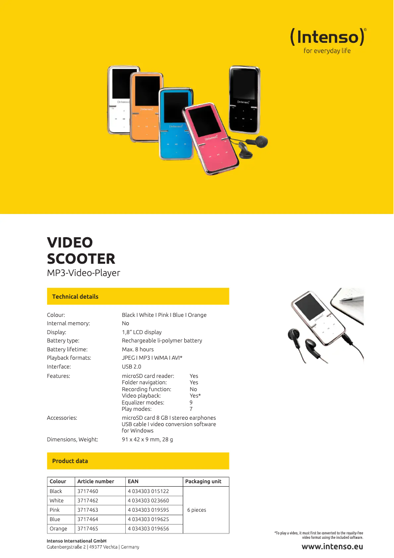 Page 1 of the manual Technical Sheet Intenso Video Scooter
