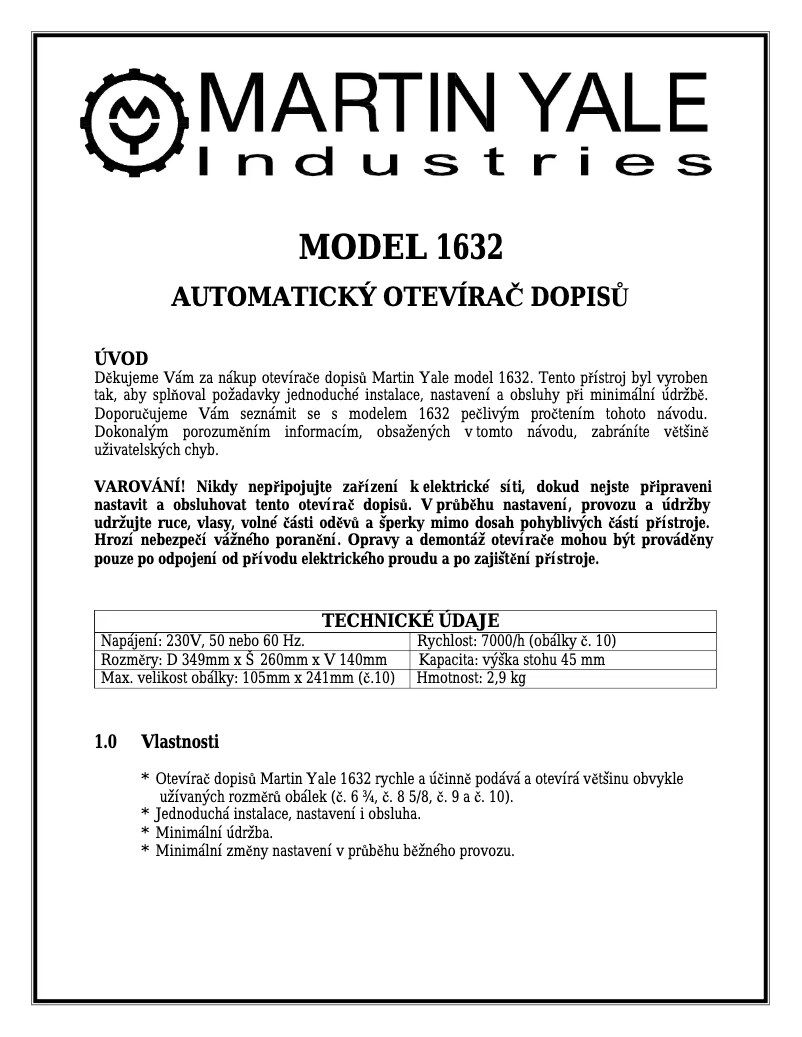 Page 1 de la notice Manuel utilisateur MartinYale 1632
