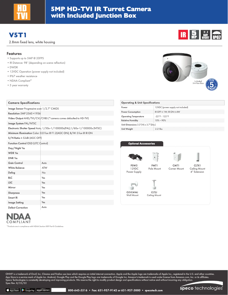Page 1 de la notice Fiche technique Speco Technologies V5T1
