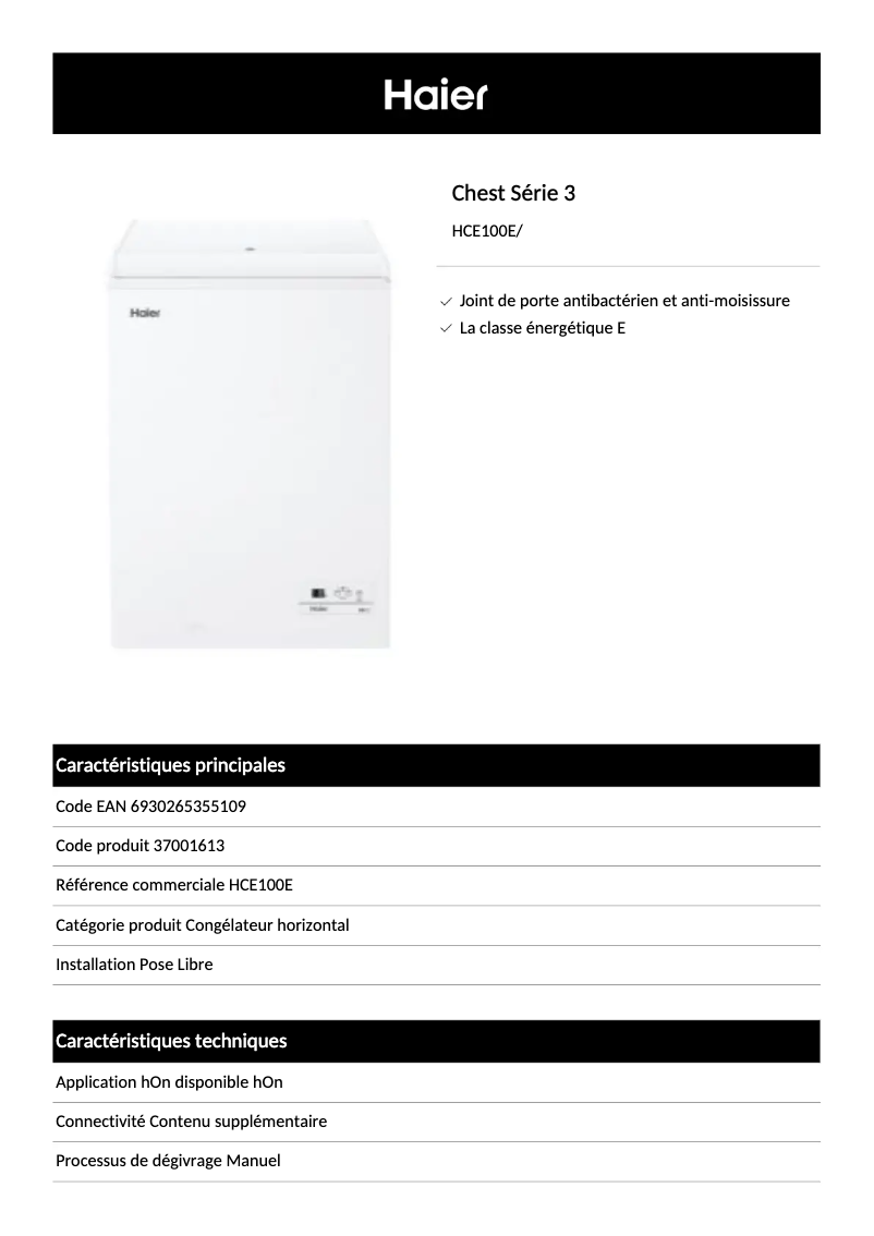 Page n°1 - Fiche technique Haier HCE100E