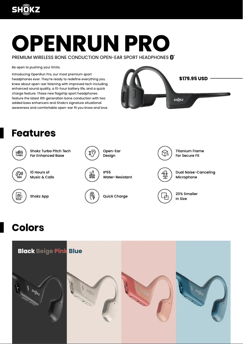 Page 1 de la notice Fiche technique Shokz OpenRun PRO S810