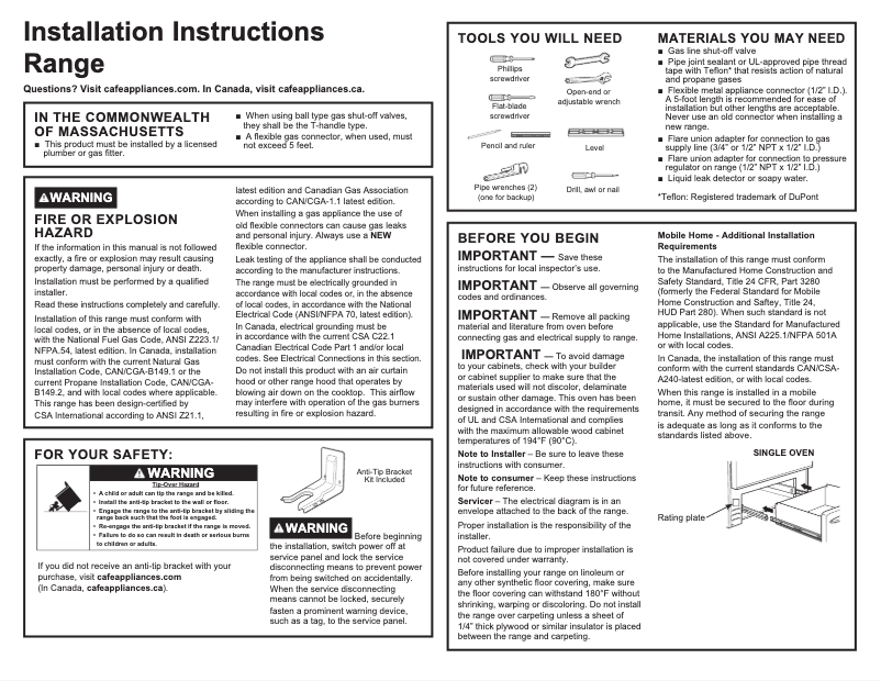Page 1 of the manual Installation Guide GE JGB660EPES