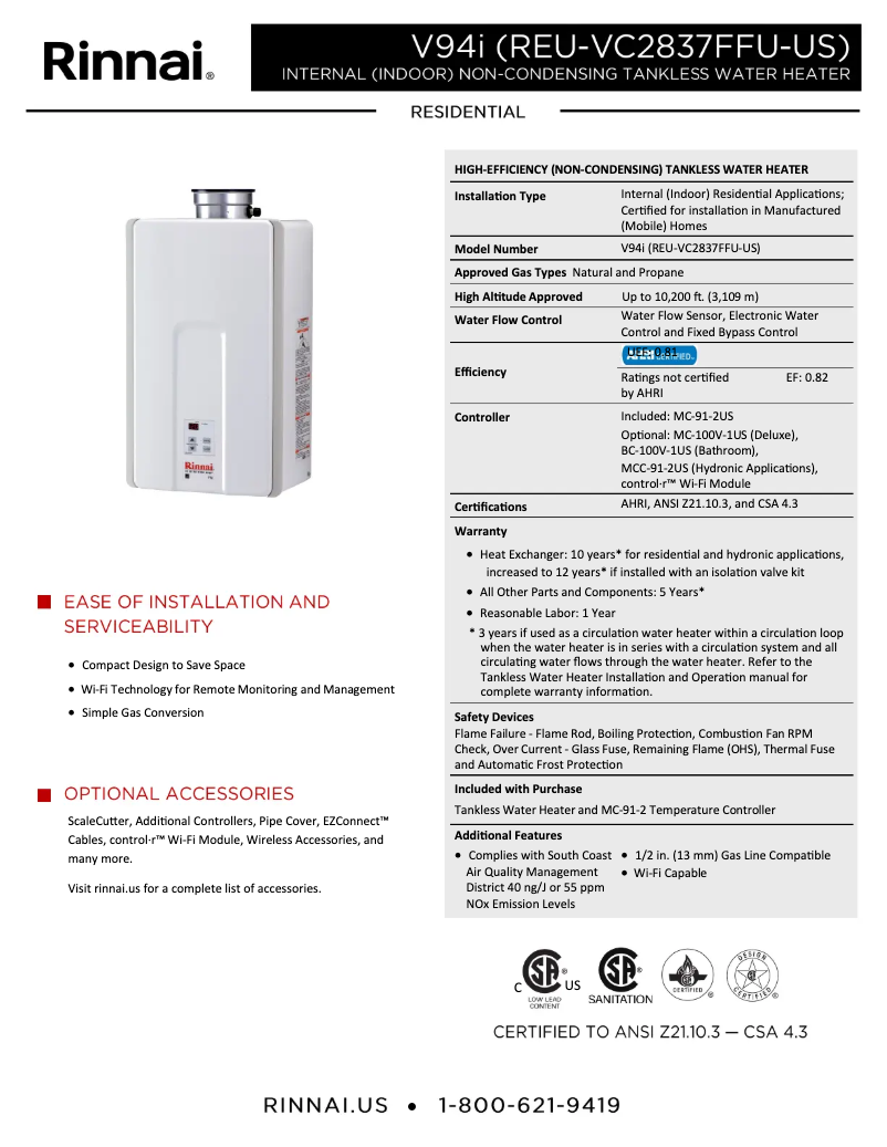 Page 1 de la notice Fiche technique Rinnai V94iP