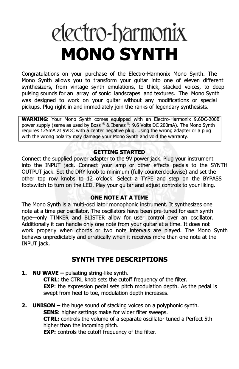 Page 1 de la notice Manuel utilisateur Electro Harmonix Mono Synth