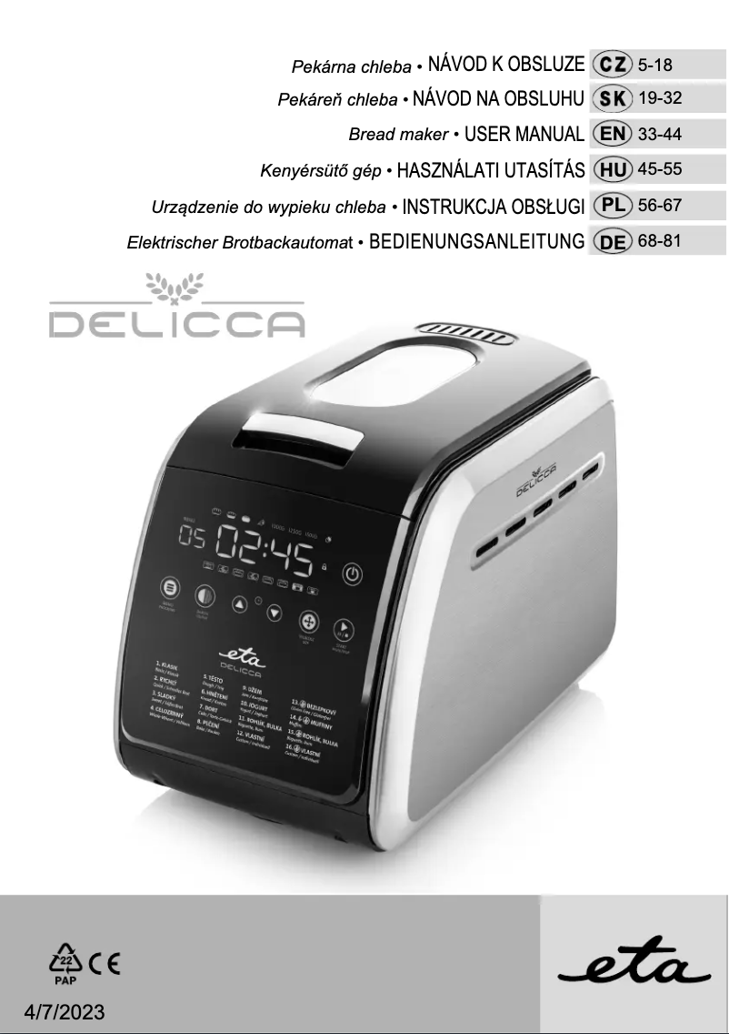 Page 1 of the manual User Manual Eta Delicca