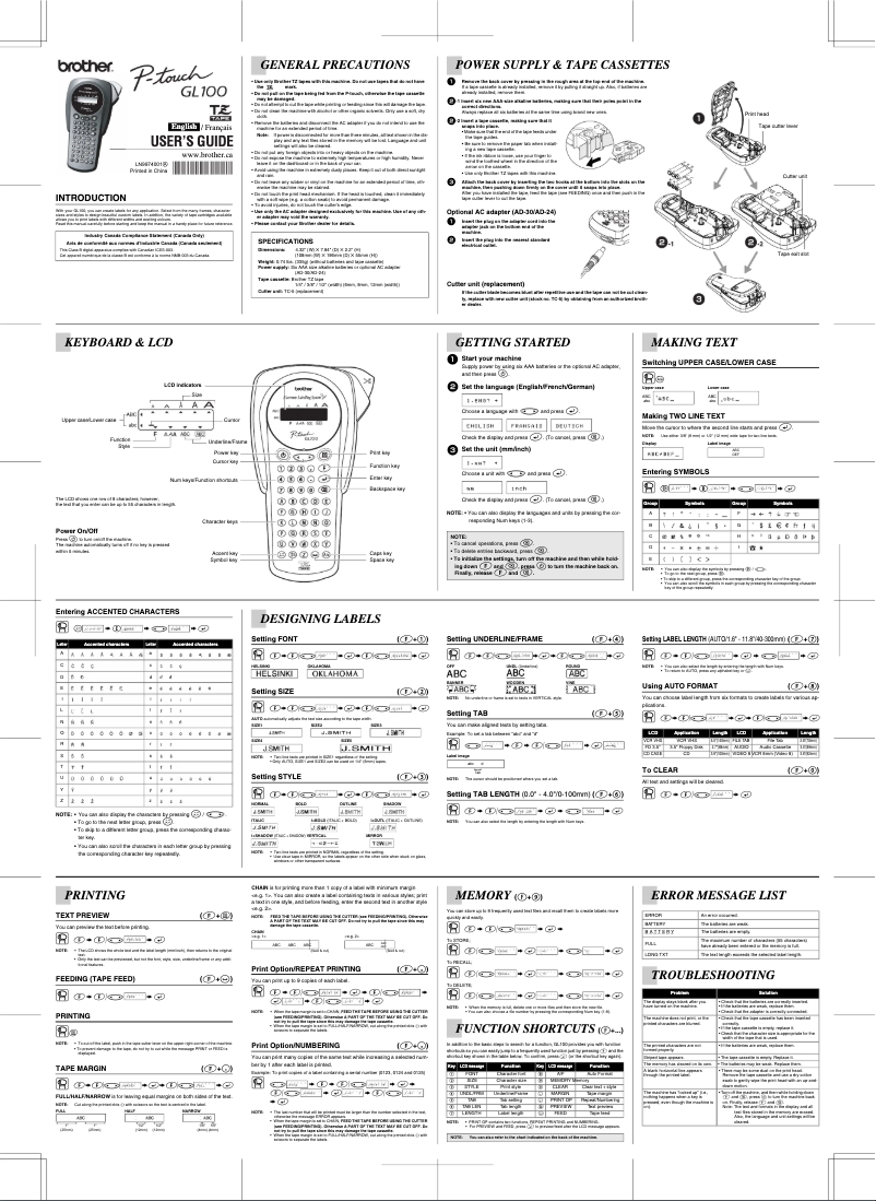 Page 1 de la notice Manuel utilisateur Brother P-Touch GL100
