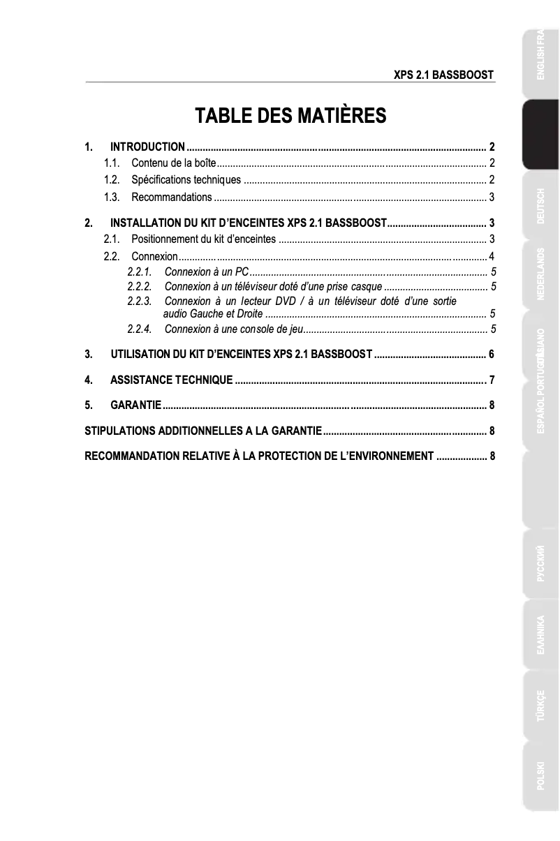 Image de la première page du manuel de l'appareil XPS 2.1 BassBoost