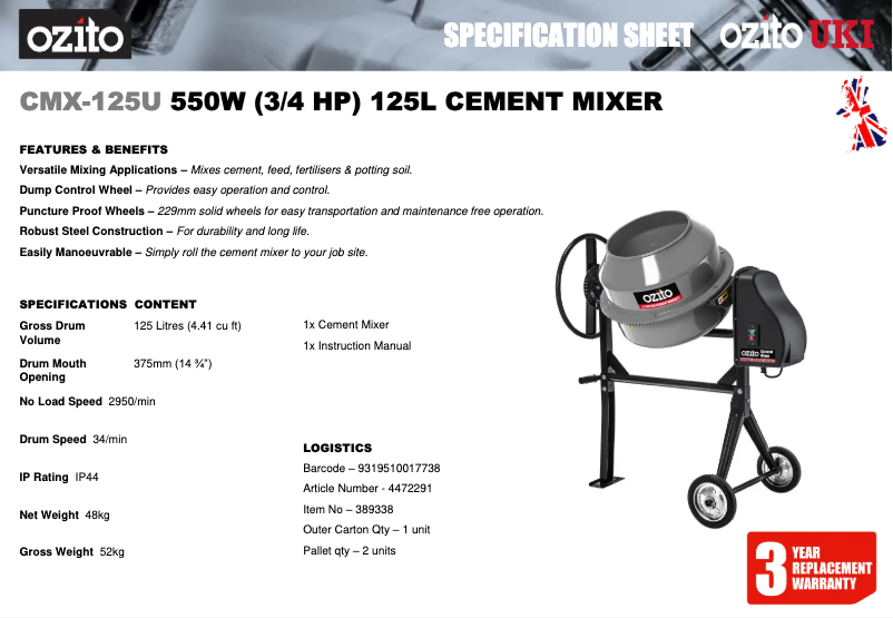 Page 1 de la notice Fiche technique Ozito CMX-125U