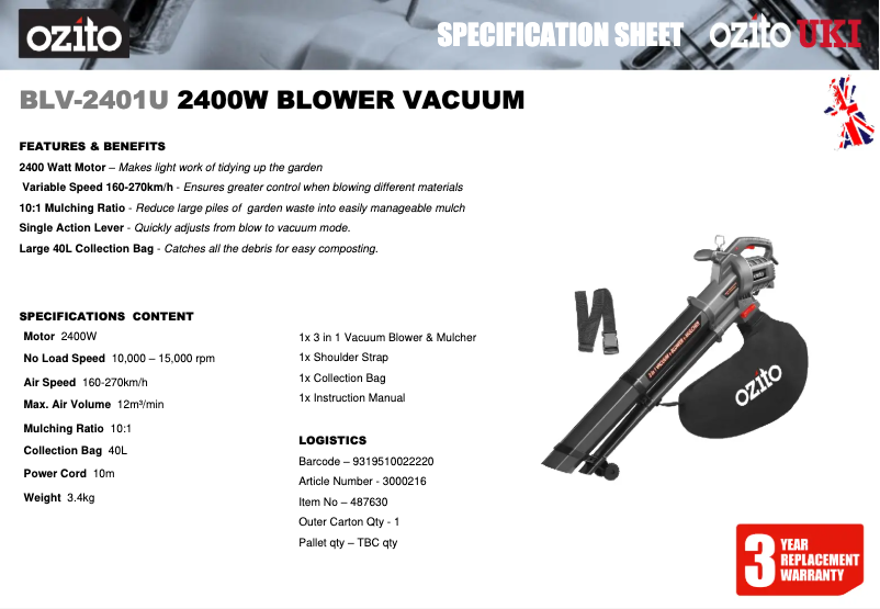 Página 1 del manual Ficha técnica Ozito BLV-2401U