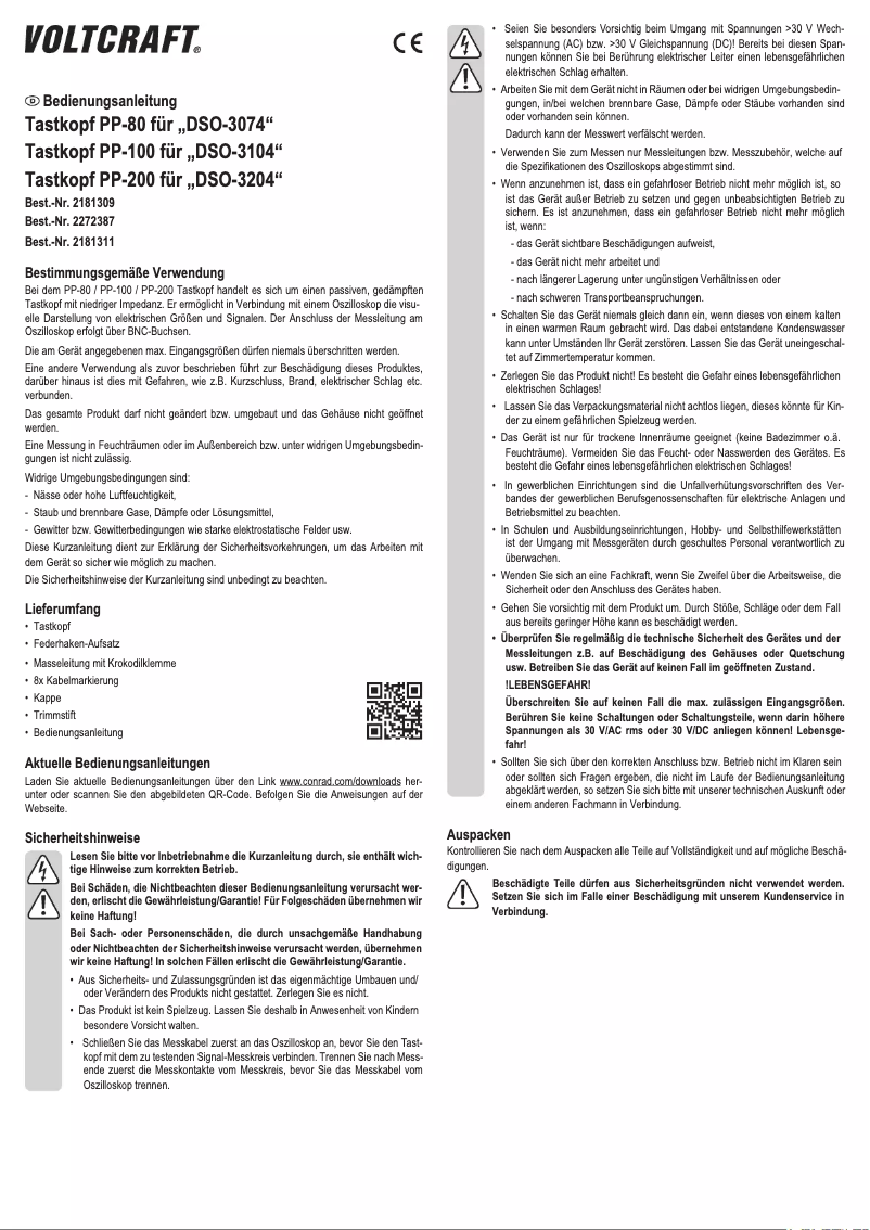 Page 1 de la notice Manuel utilisateur Voltcraft PP-100