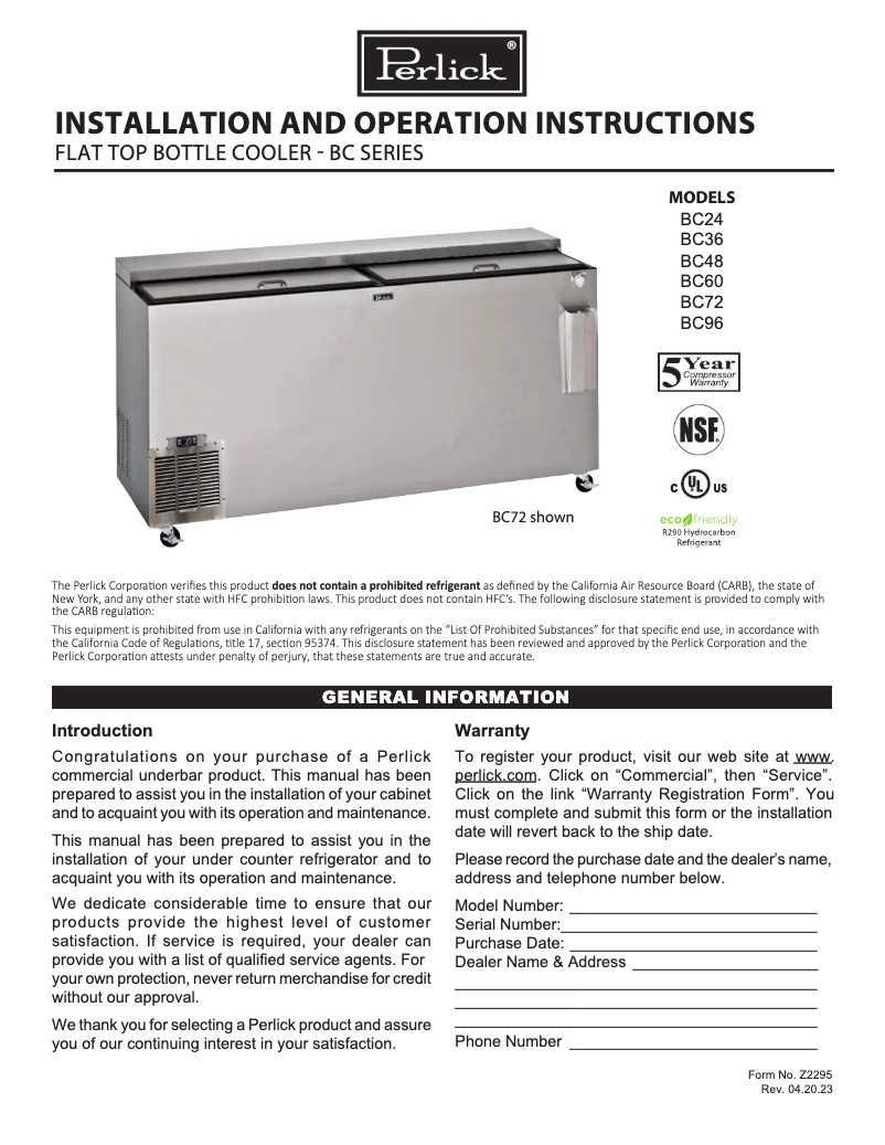 Page n°1 - Manuel utilisateur Perlick BC48RT-BS-STK