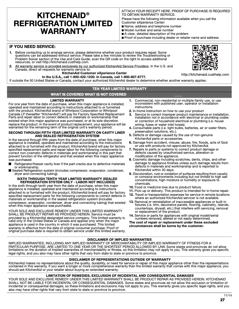 Page 1 de la notice Informations de garantie KitchenAid KRSF505EWH