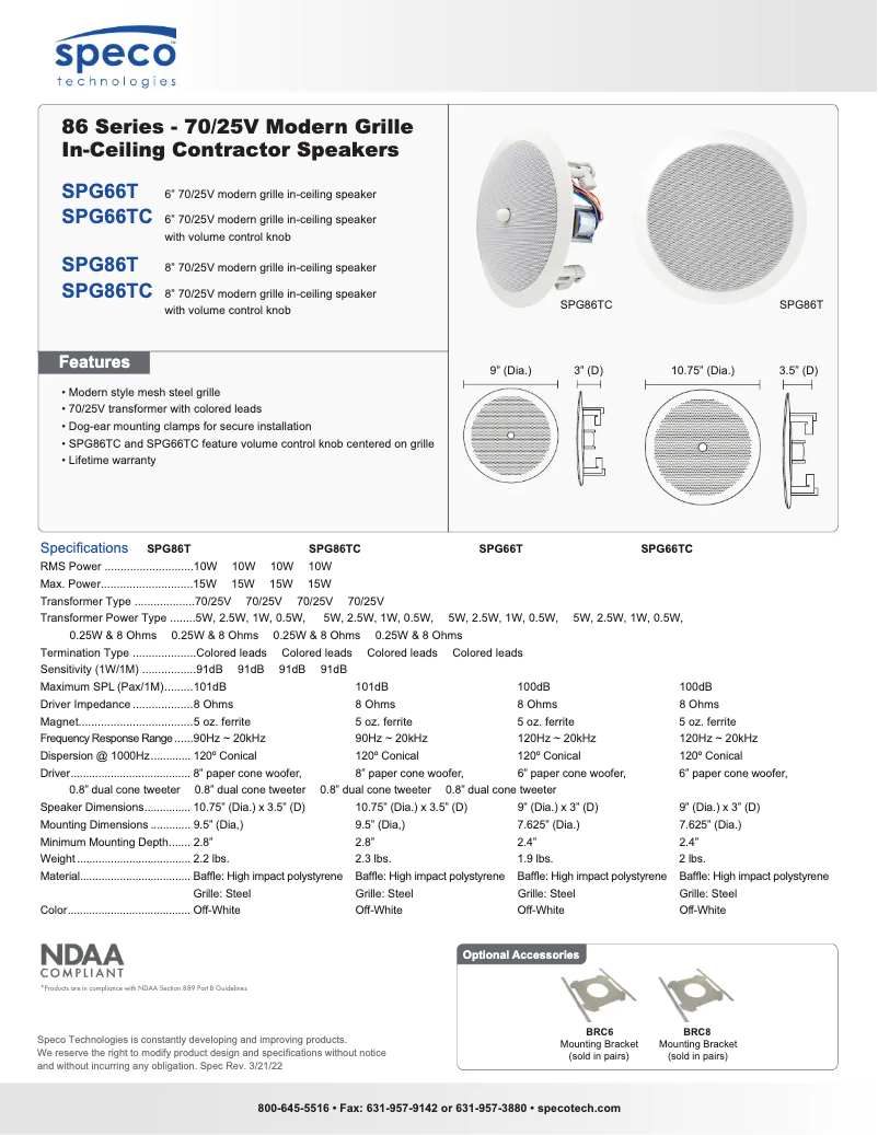 Page 1 de la notice Fiche technique Speco Technologies SPG66T