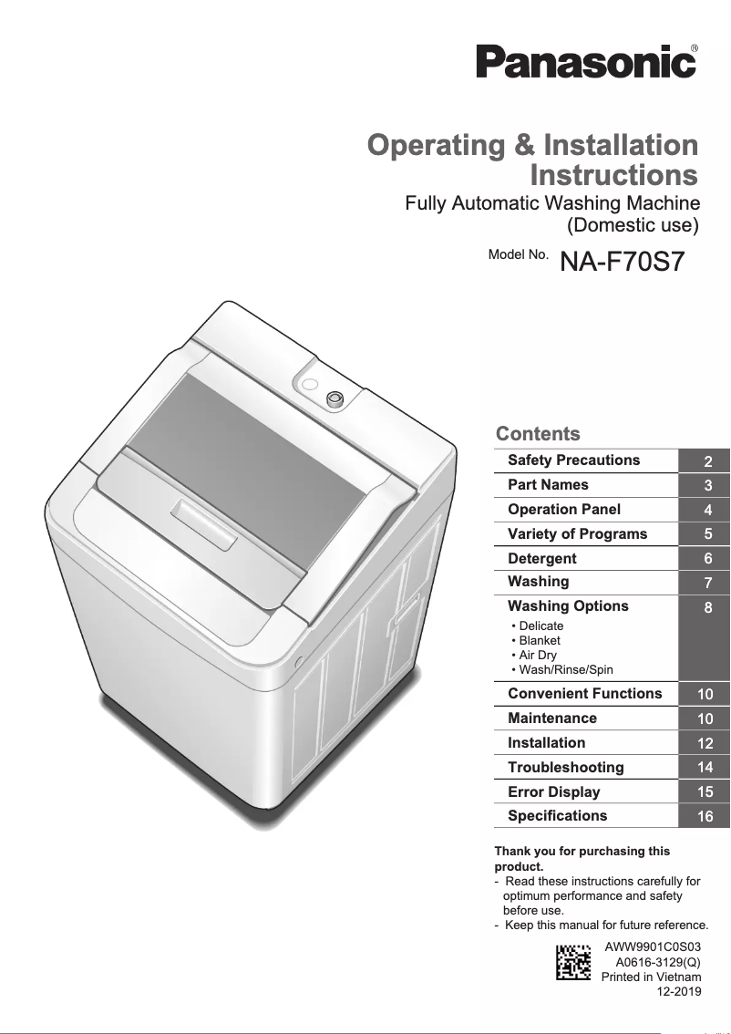 Page 1 de la notice Manuel utilisateur Panasonic NA-F70S7