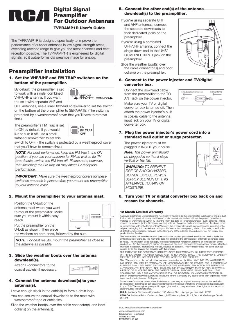 Page 1 de la notice Manuel utilisateur RCA TVPRAMP1R