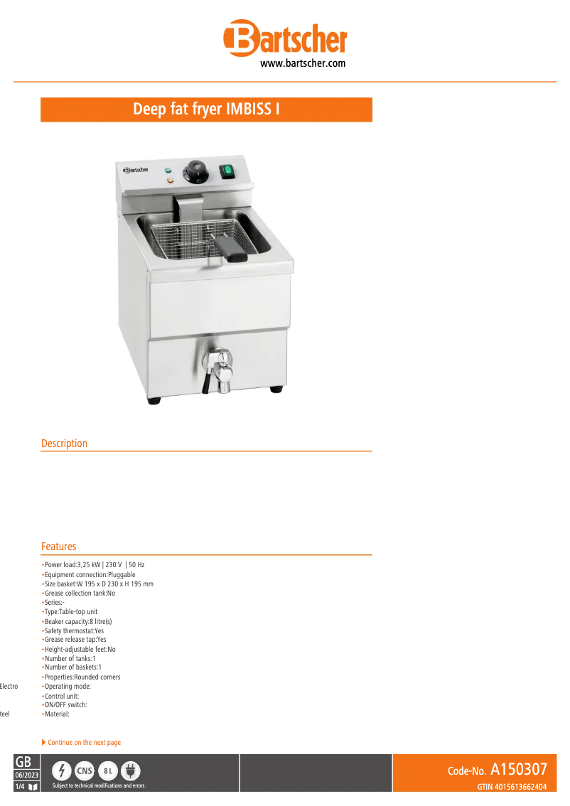 Page n°1 - Fiche technique Bartscher IMBISS I A150307