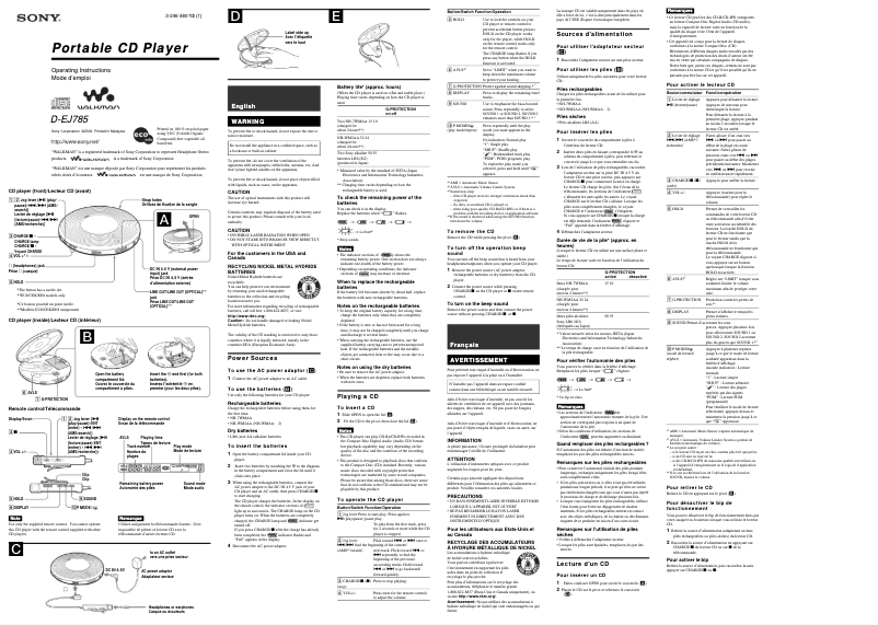 Page 1 de la notice Manuel utilisateur Sony D-EJ785