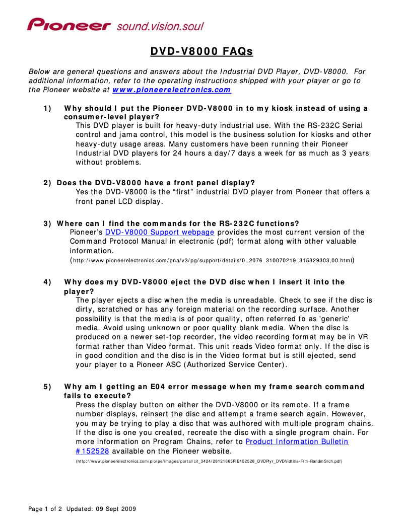 Page 1 de la notice FAQ Pioneer DVD-V8000