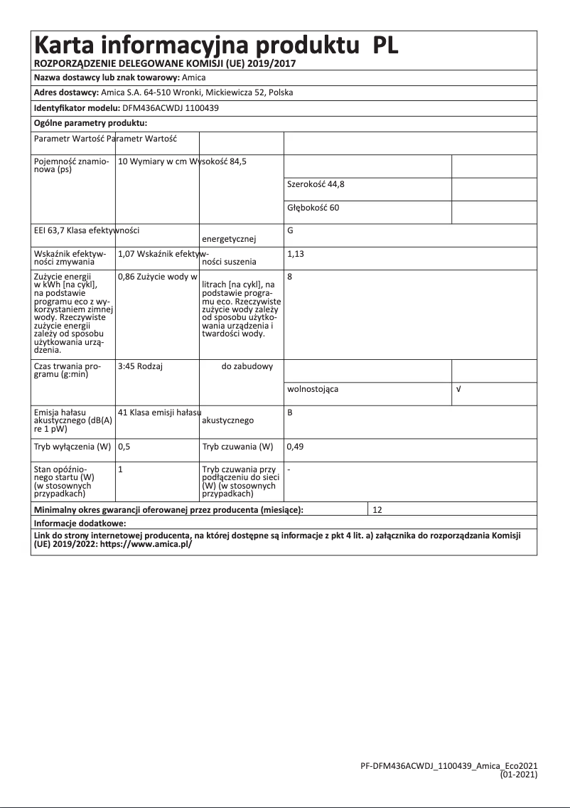 Page n°1 - Manuel utilisateur Amica DFM436ACWDJ