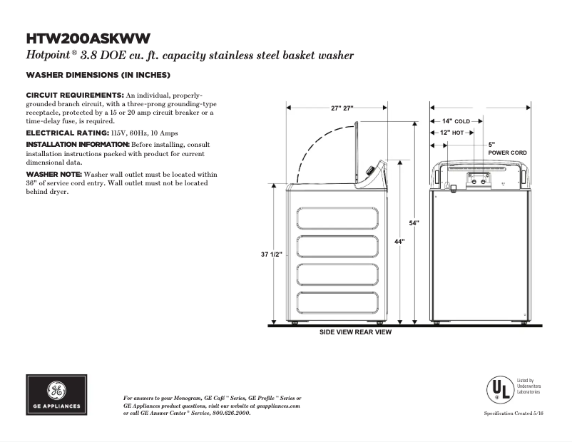 Page 1 de la notice Fiche technique Hotpoint HTW200ASKWW