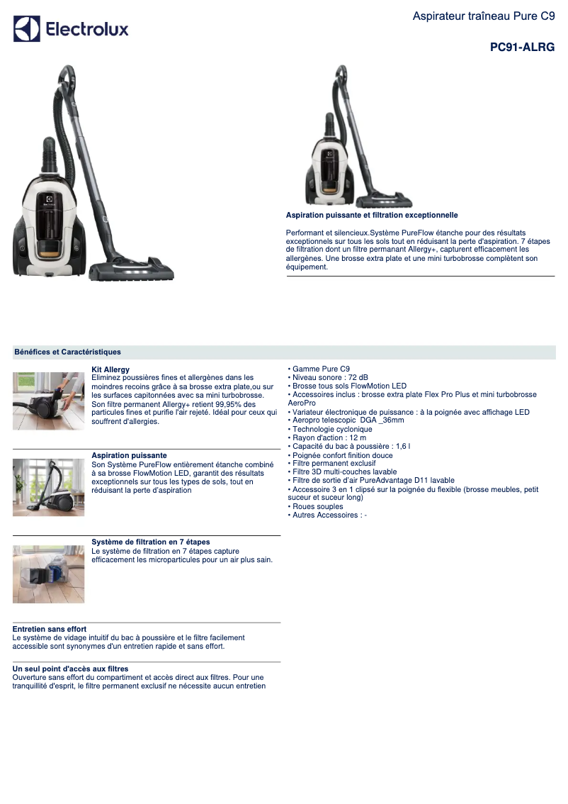 Page 1 de la notice Fiche technique Electrolux PC91-ALRG