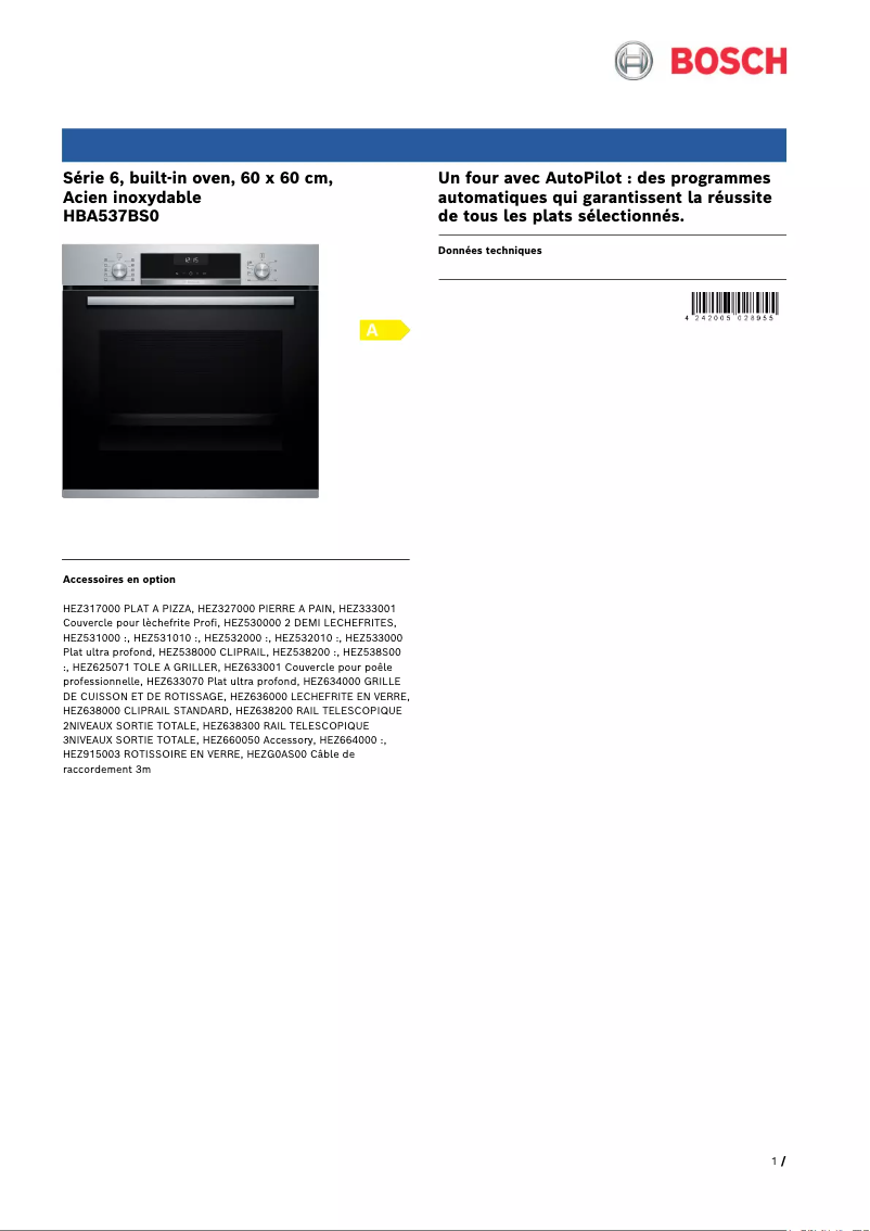 Page 1 de la notice Fiche technique Bosch Serie 6 HBA537BS0