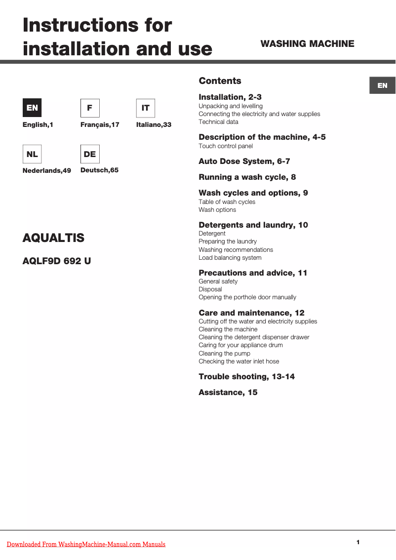 Image de la première page du manuel de l'appareil Aqualtis AQLF9D 692 U