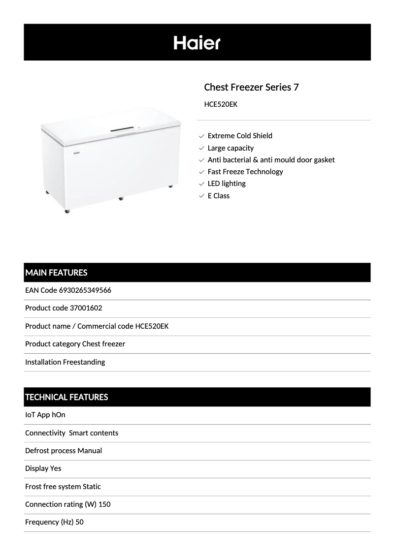 Page 1 de la notice Fiche technique Haier HCE520EK