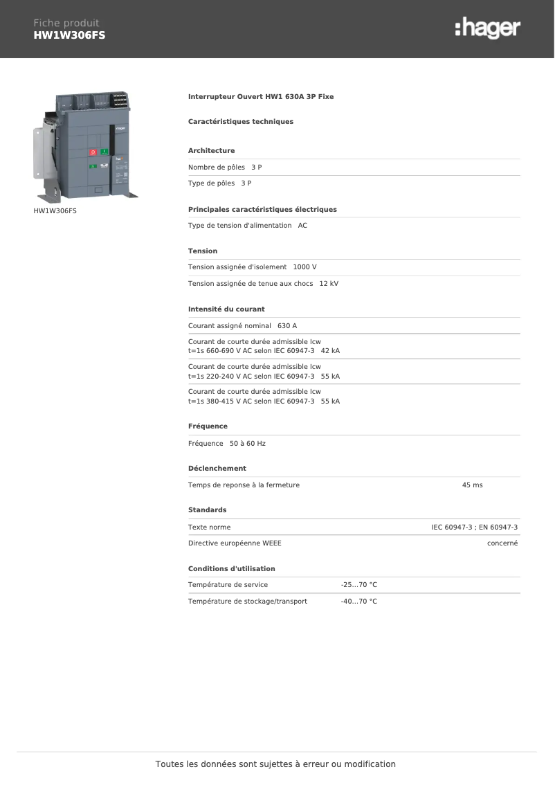 Image de la première page du manuel de l'appareil HW1W306FS