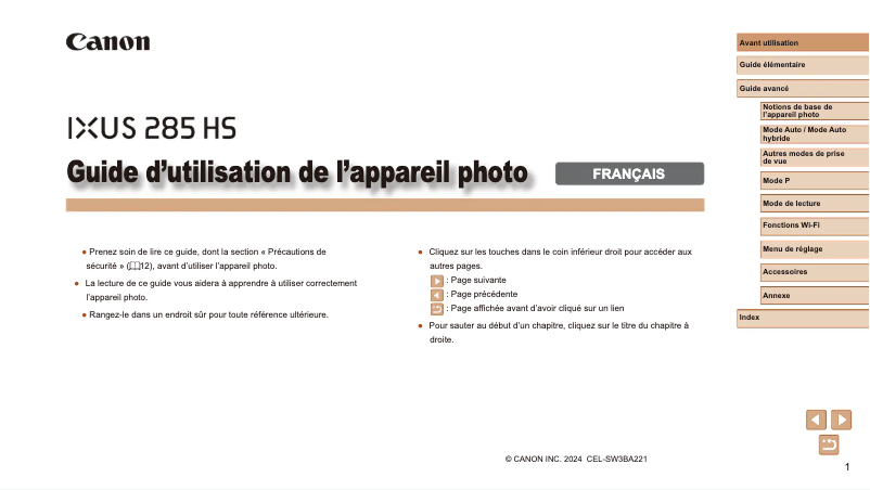 Page 1 de la notice Manuel utilisateur Canon Ixus 285 HS