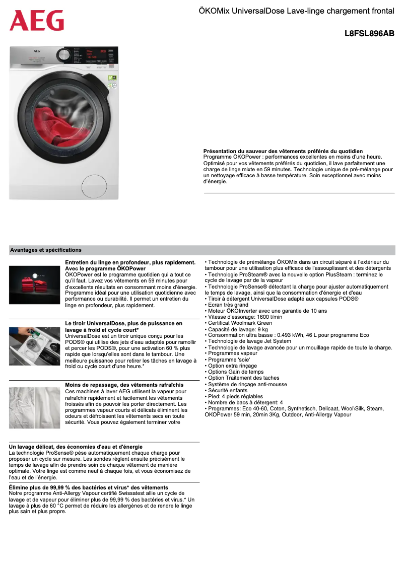 Page n°1 - Fiche technique AEG L8FSL896AB
