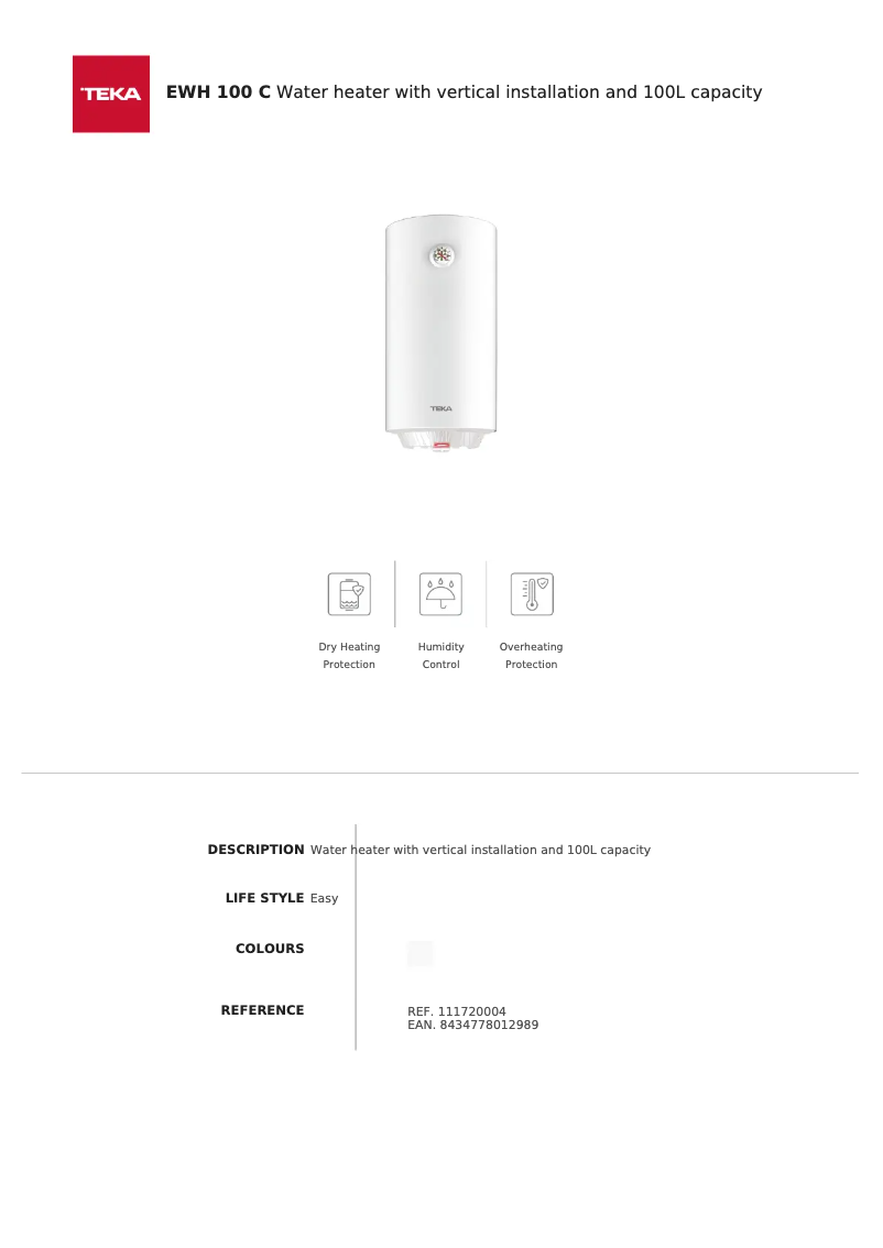 Page 1 de la notice Fiche technique Teka EWH 100 C