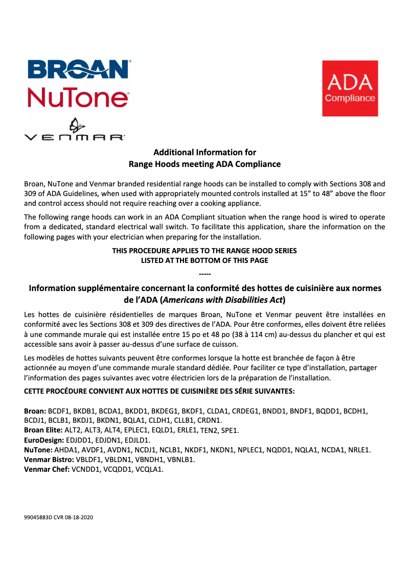 Page 1 de la notice Schéma de câblage Broan BKDB130WW