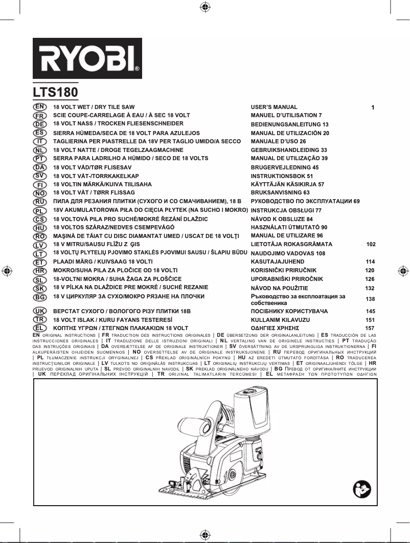 Page n°1 - Manuel utilisateur RYOBI One+ LTS180M