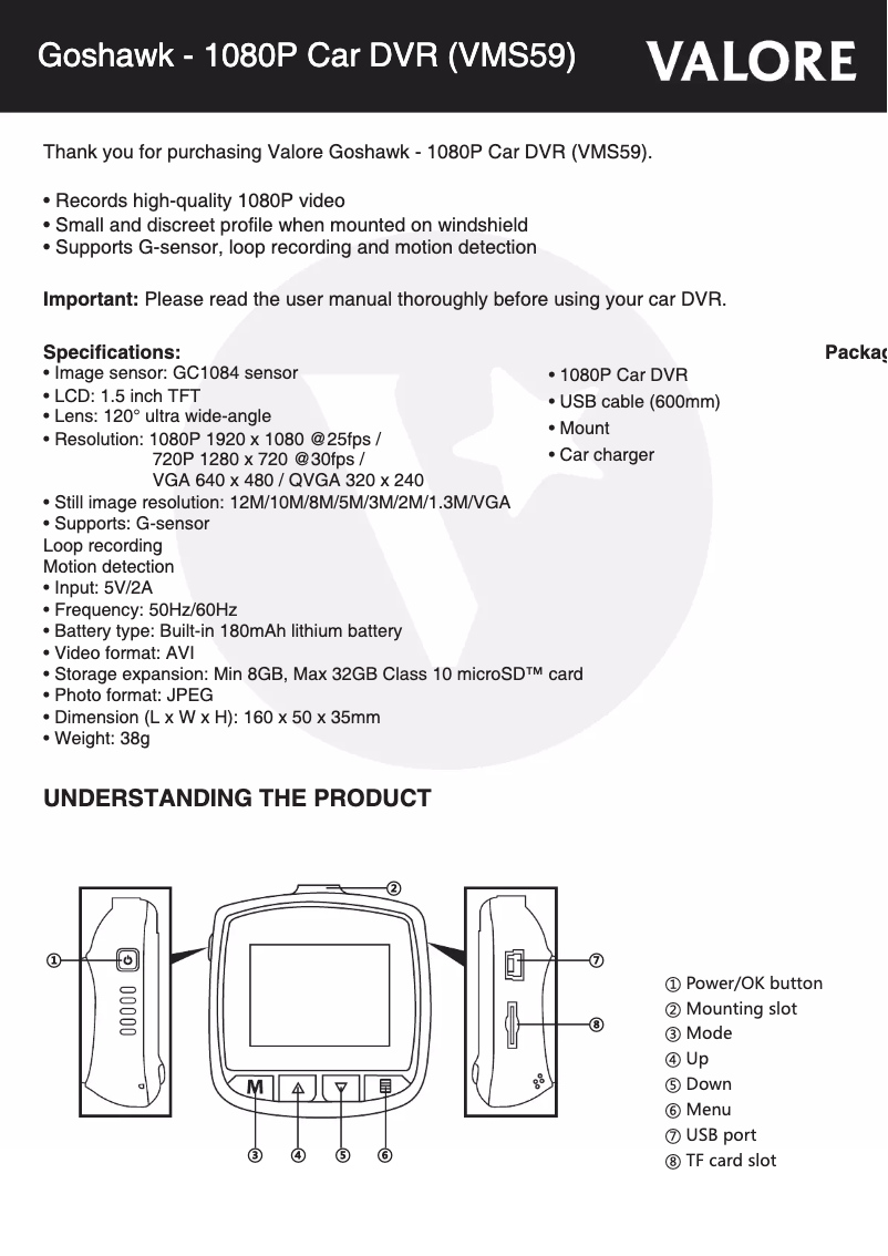 Page 1 de la notice Manuel utilisateur Valore VMS59
