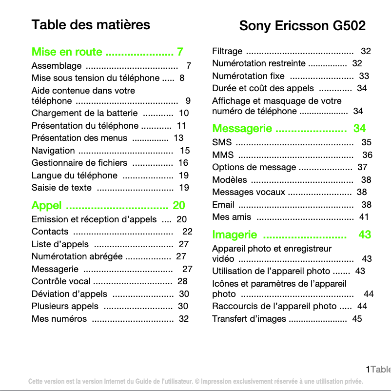 Page 1 de la notice Manuel utilisateur Sony Ericsson G502