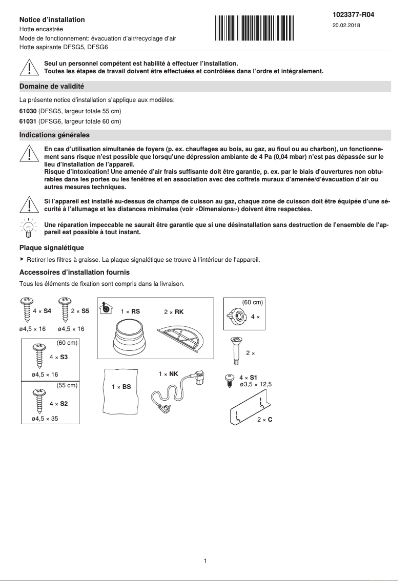 Page 1 de la notice Guide d'installation V-Zug DF-SG 5/6