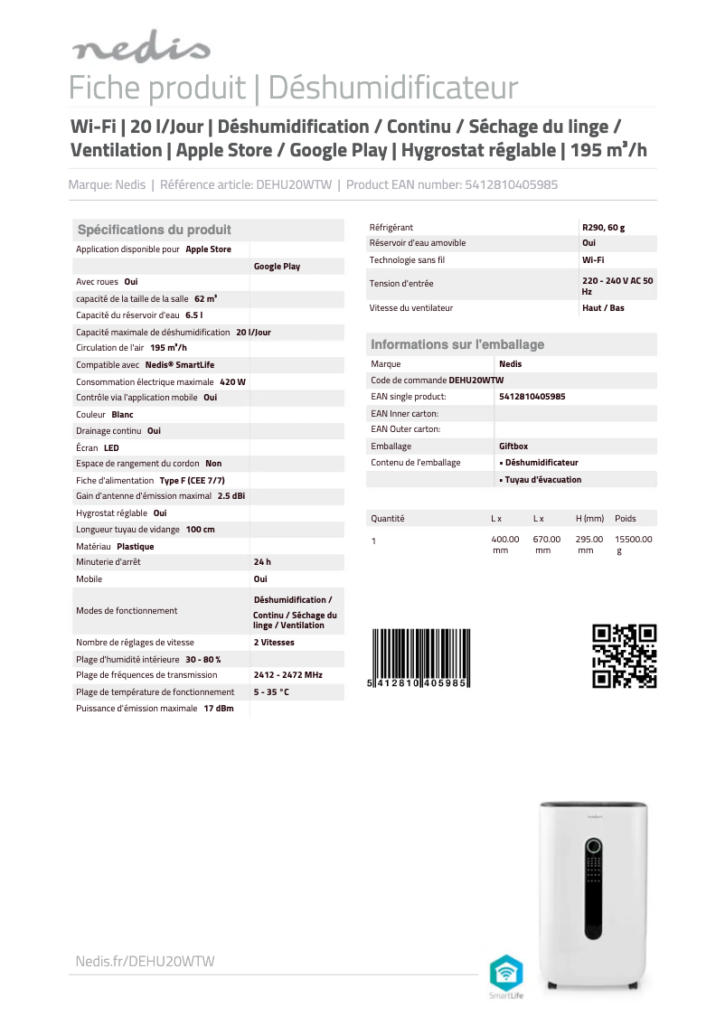 Page n°1 - Fiche technique Nedis DEHU20WTW