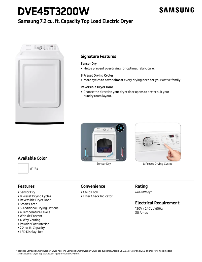 Page 1 de la notice Fiche technique Samsung DVE45T3200W