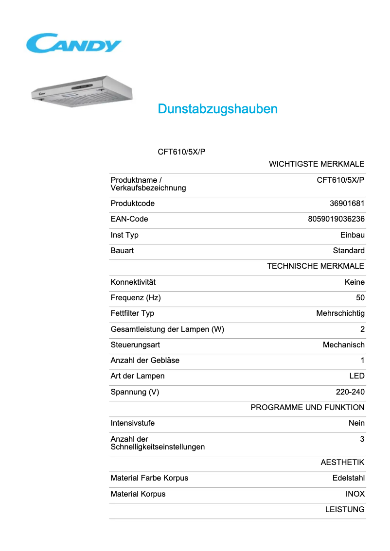 Page 1 de la notice Fiche technique Candy CFT610/5X/P