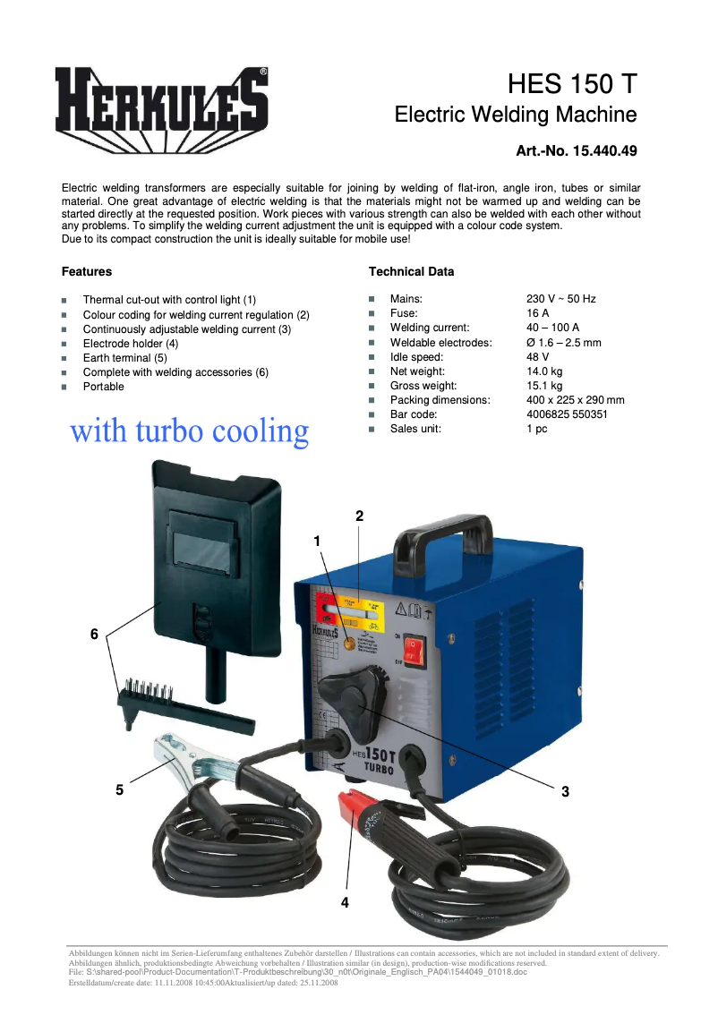 Page n°1 - Fiche technique Herkules HES 150T